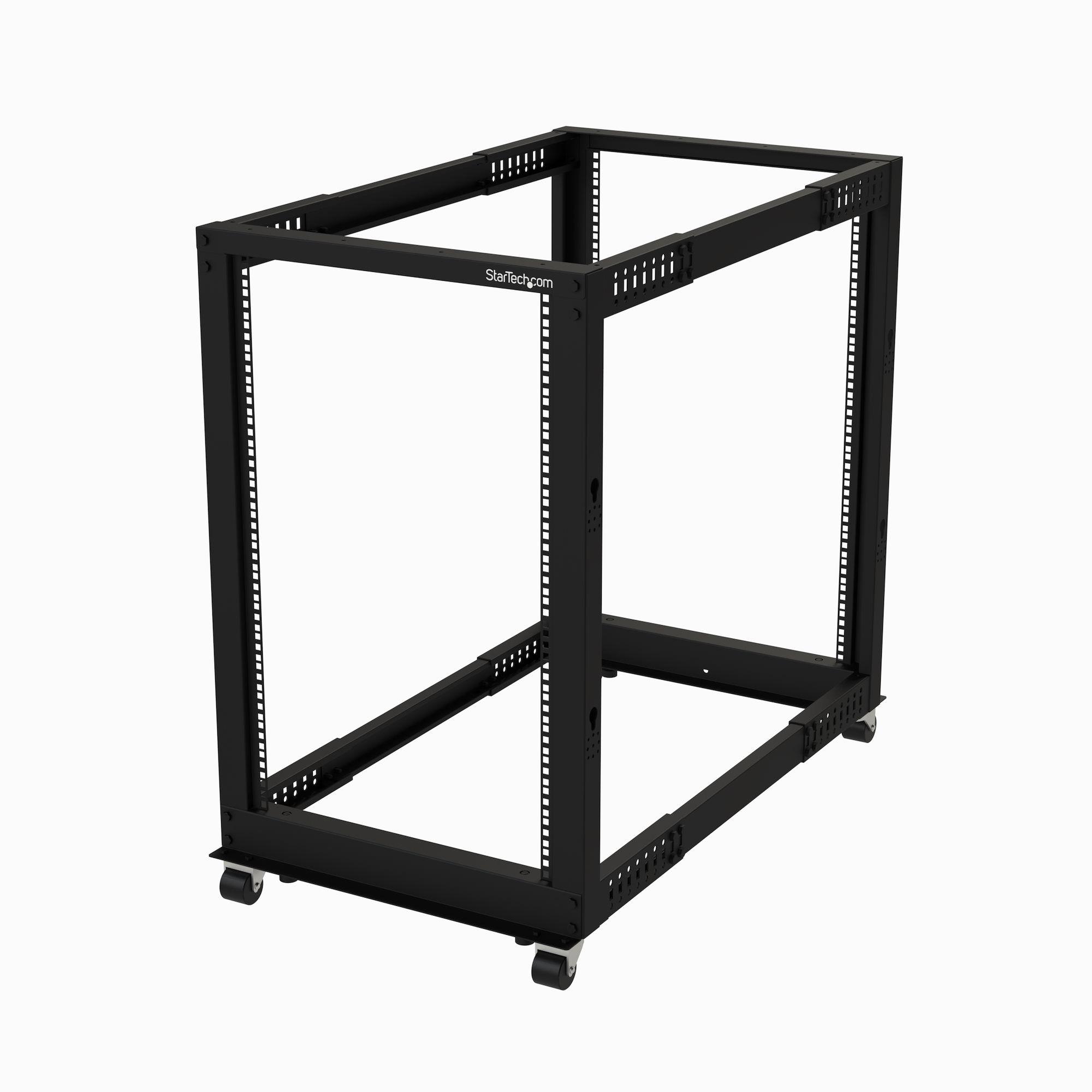 STARTECHCOM 18U Open Frame Rack 4 Post 2240in Adjustable Depth 1200lb Weight Capacity w Casters and Cable Hooks