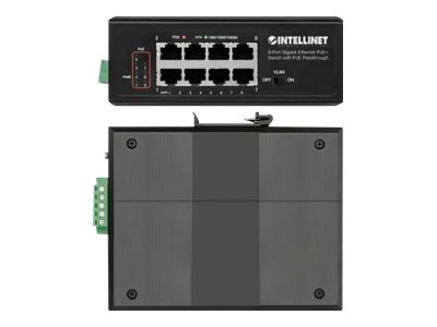 INTELLINET 8-Port PoE+ Gb Switch PoE-Passthrough 1xPD PoE 95W Eingangsstrom 7x PSE PoE Strombudget bis 120W DIN-Hutschienenmontage