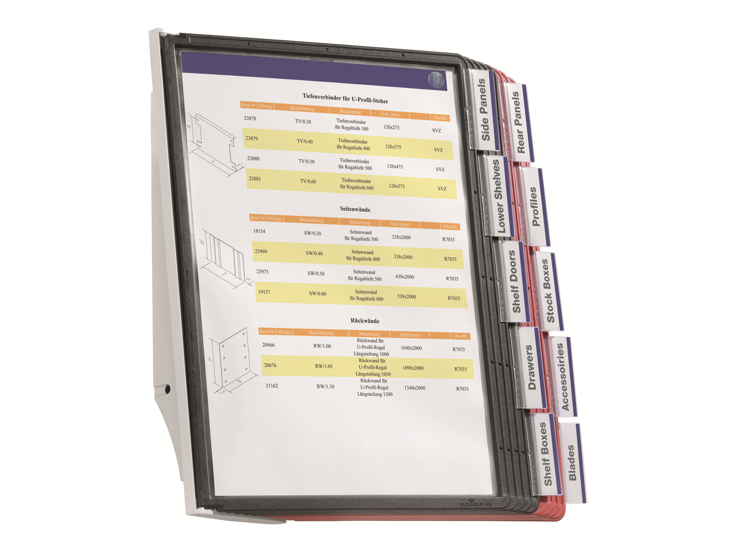 DURABLE Wand-Sichttafelsystem SHERPA® WALL 10  563100 DIN A4 farbsortiert mit 10 St. Sichttafeln