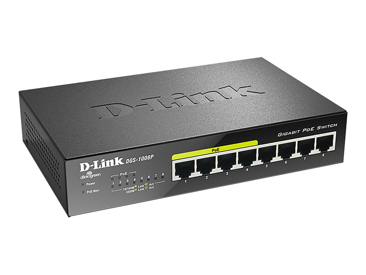 D-LINK DGS-1008P 8-Port Layer2 PoE Gigabit unm. Switch 8x 10/100/1000 Mbit/s BaseT Port (4x PoE+ Ports) 68W lüfterlos Metallgehäuse