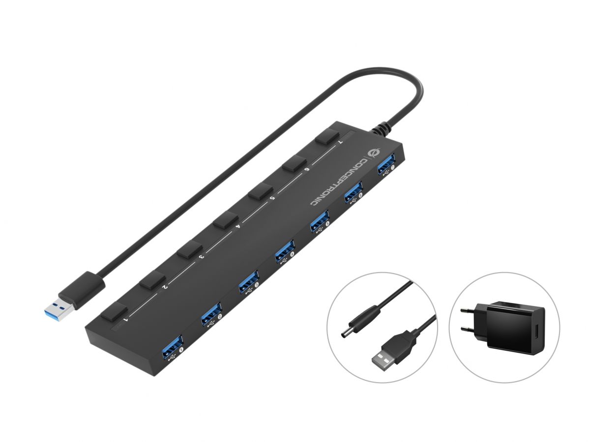 CONCEPTRONIC 7Port Hub USBA307xA32Gen1DC mNetz sw