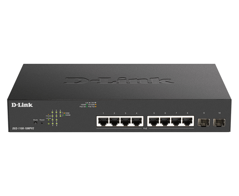 DLINK DGS110010MPV2E 10Port Layer2 PoE Gigabit Smart Switch 8x 101001000 PoE 2x 1000 Mbits SFP