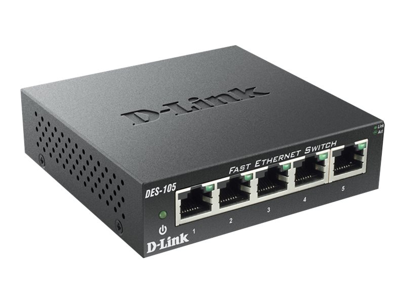 D-LINK DES-105 5?Port Layer2 Fast Ethernet Switch 5x 10/100 Mbit/s Metallgehäuse Autosensing MDI/MDIX-Anpassung