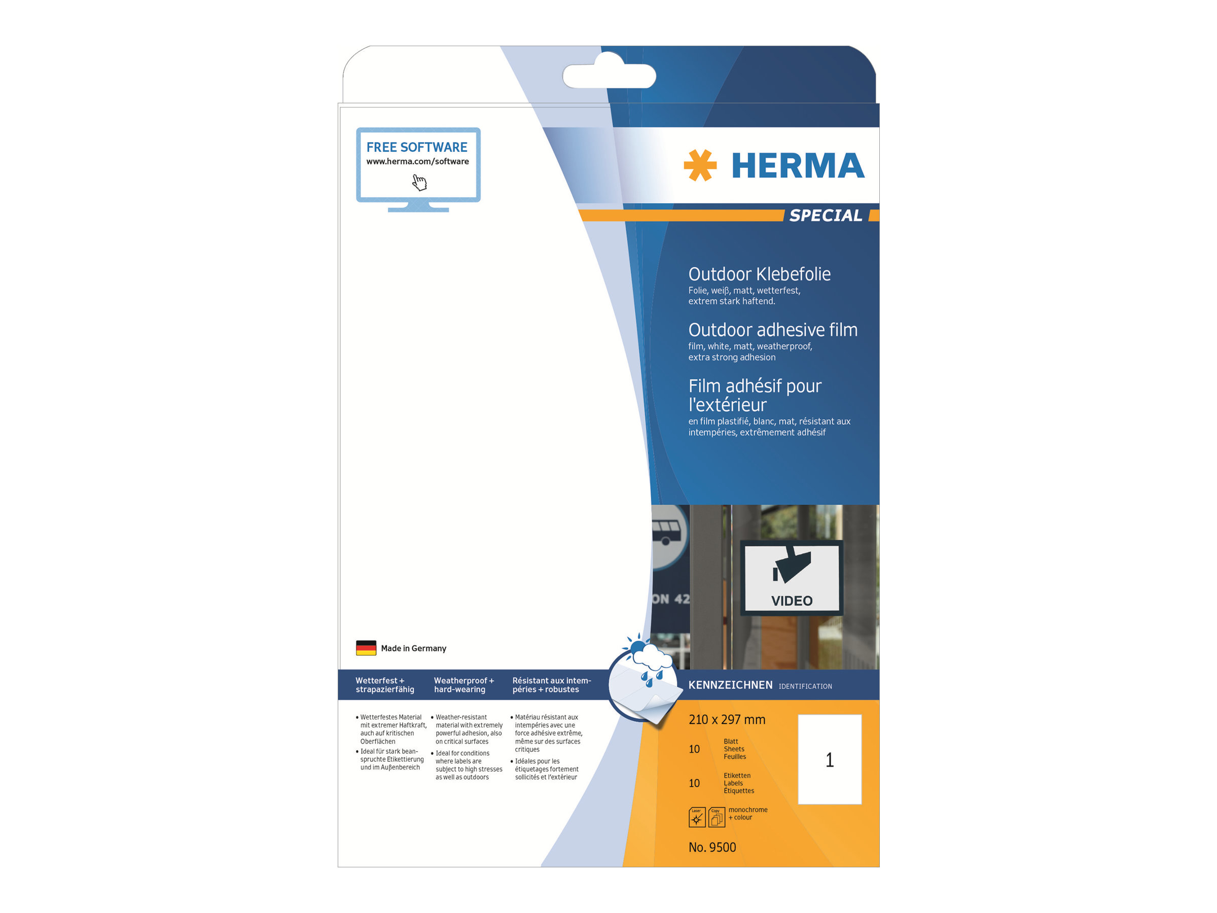 HERMA FolienKraftklebeEtiketten 9500 weiß 210,0 x 297,0 mm, 10 Blatt