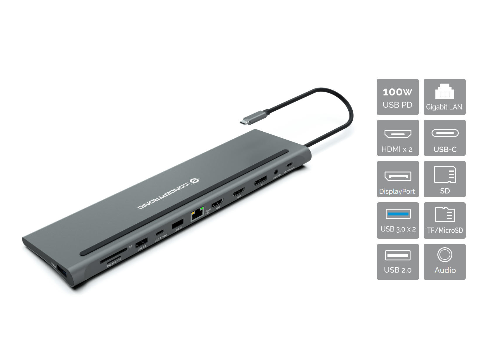 CONCEPTRONIC 121 Dock USBC2xHDMI3xUSBADP 18cm gr