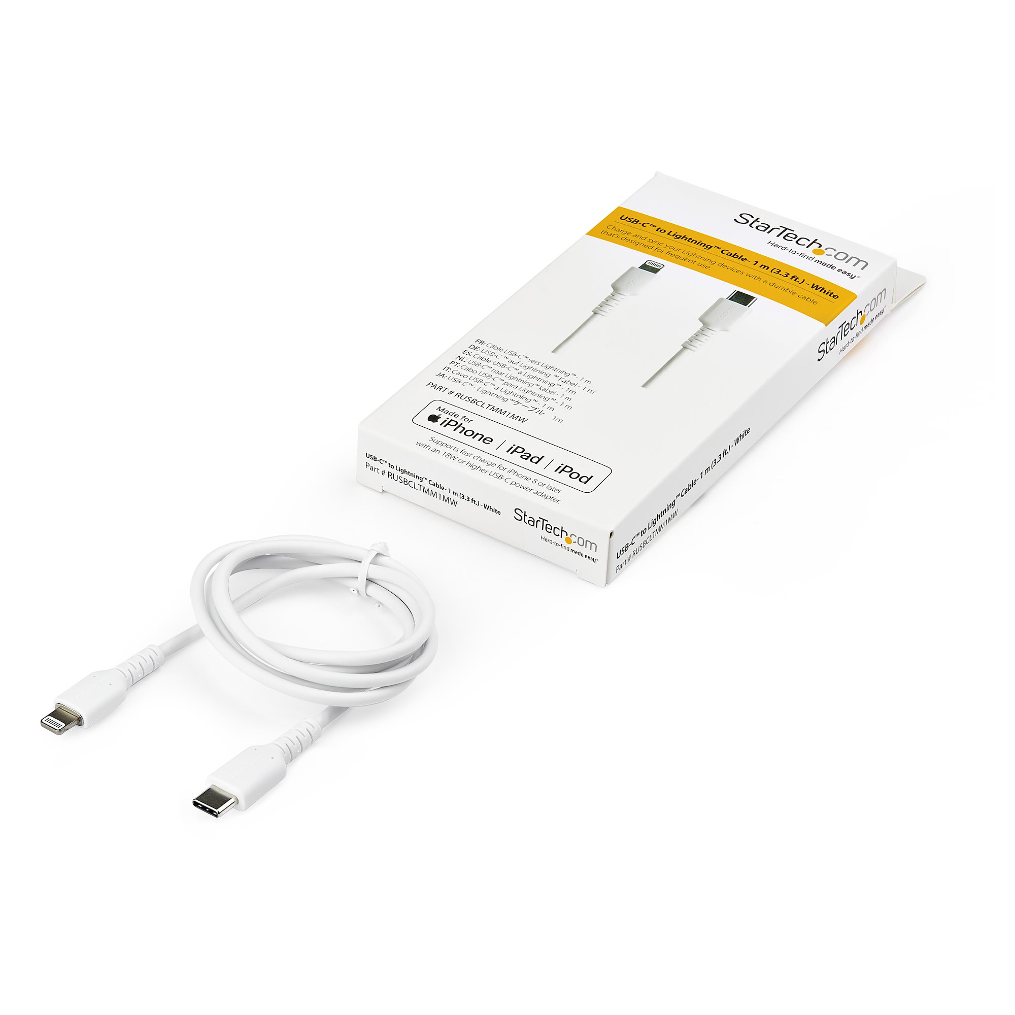 STARTECHCOM 1m 33ft USB C to Lightning Cable MFi Certified Durable USB Lightning Charging Cable White RUSBCLTMM1MW