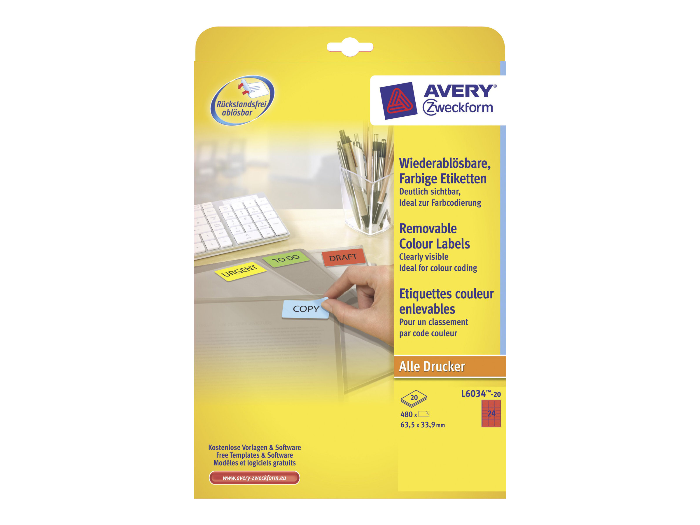480 AVERY Zweckform Etiketten L6034-20 rot 63,5 x 33,9 mm