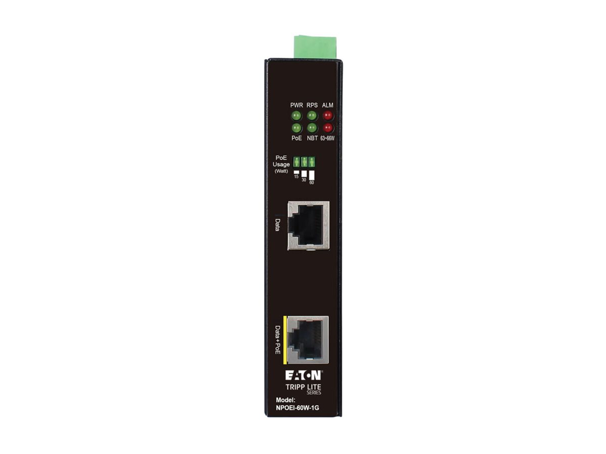 EATON TRIPPLITE Industrial Gigabit Ethernet PoE injector 60W PoE++ 802.3bt Midspan -40 to +75 DIN rail 1 Port EATON TRIPPLITE Industrial Gigabit Ethernet PoE injector 60W PoE++ 802.3bt Midspan -40 to +75 DIN rail 1 Port