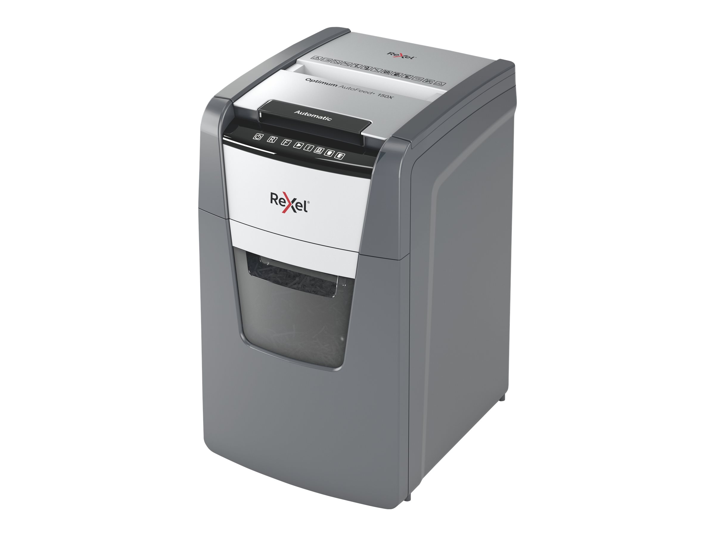 Rexel Optimum AutoFeed+150X Aktenvernichter mit Partikelschnitt P-4, 4 x 28 mm, bis 150 Blatt, schwarz Rexel Optimum AutoFeed+150X Aktenvernichter mit Partikelschnitt P-4, 4 x 28 mm, bis 150 Blatt, schwarz