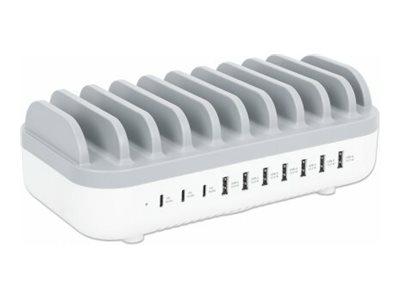 MANHATTAN 10-Port USB-Ladestation 120W 3x USB-C PD-Ports bis zu 18 W/Port 7x USB-A-Ports bis 12 W 2,4 A/Port 120 W Gesamt weiss/grau