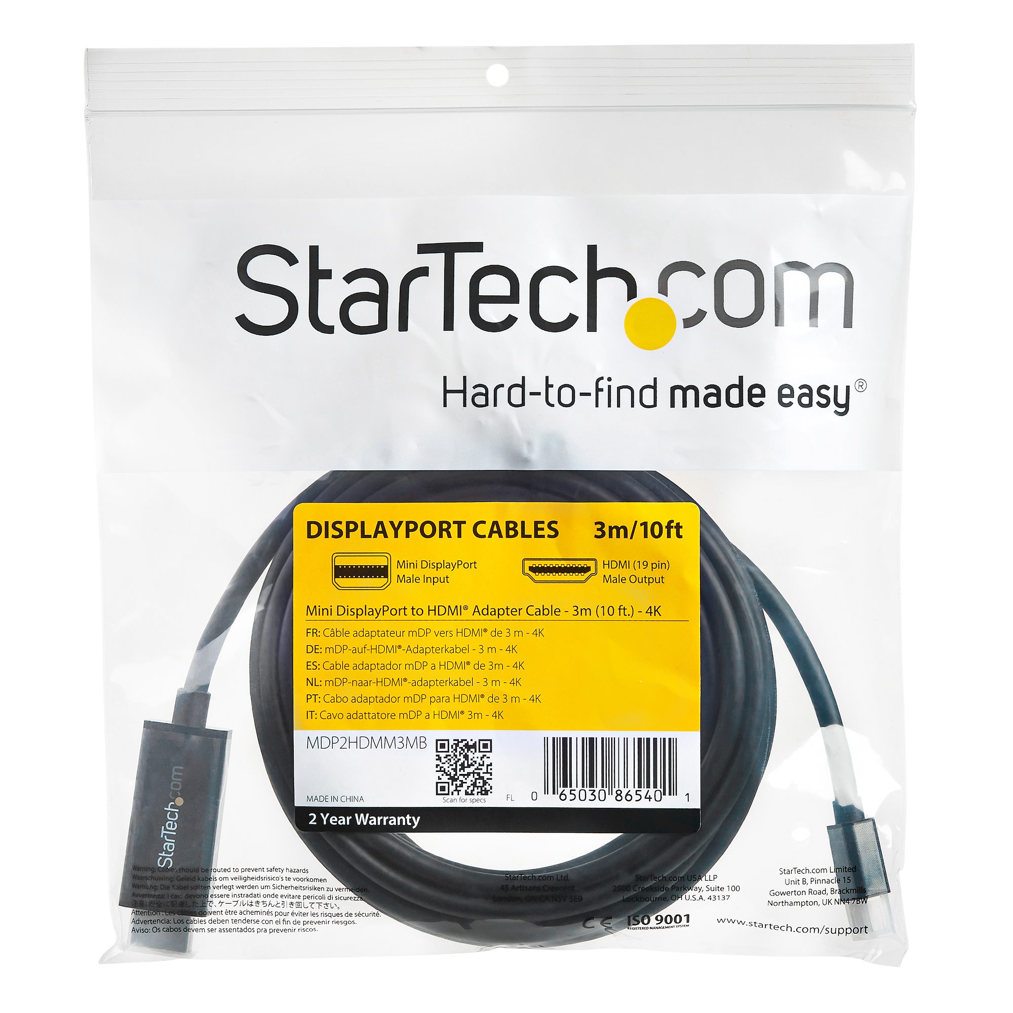 STARTECHCOM Mini DisplayPort auf HDMI Adapterkabel Mini DP zu HDMI Adapter Kabel 3m Ultra HD 4K 30Hz Schwarz