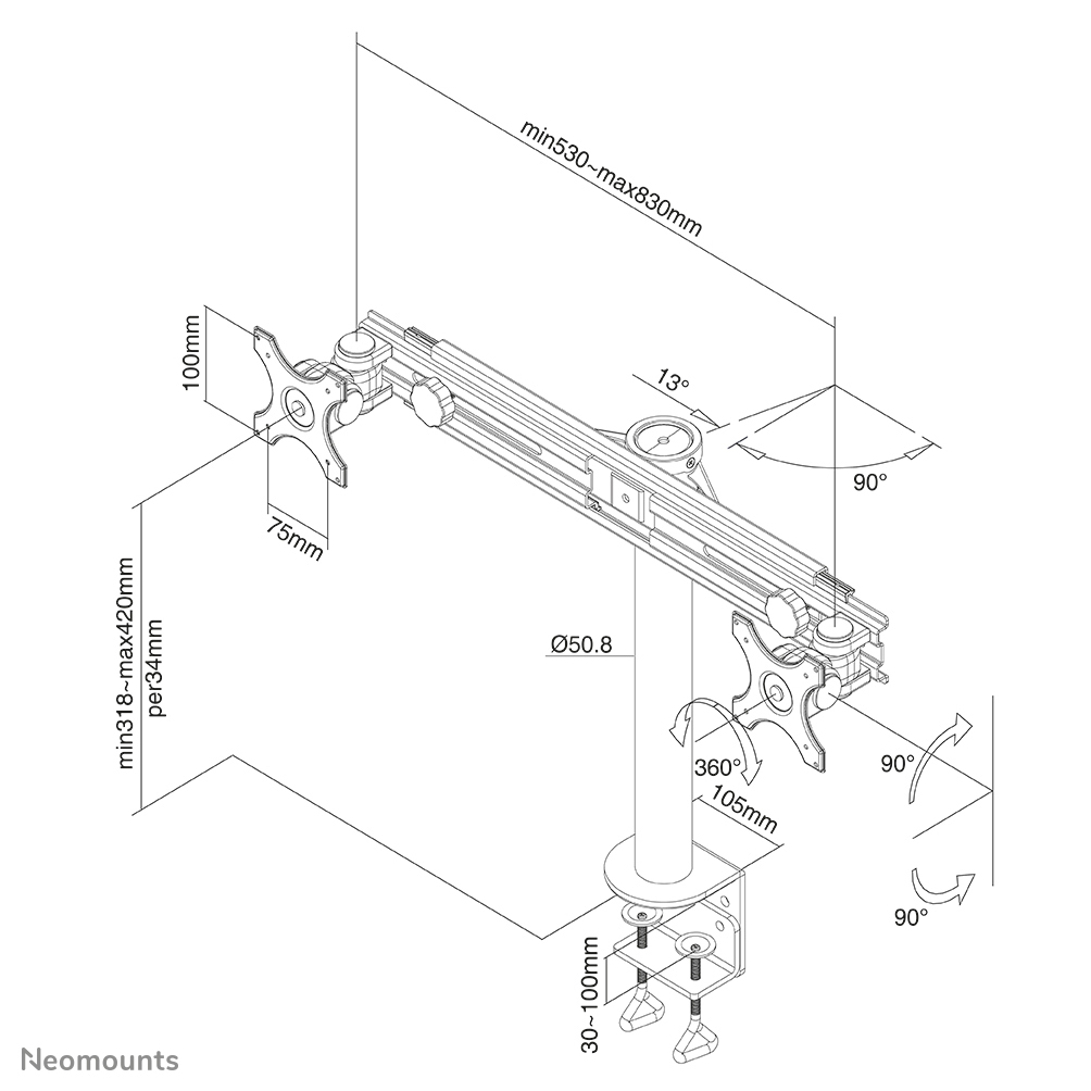 NEOMOUNTS FPMA-D700D Desk Mount für Flatscreens 2x48,26-76,2cm 19-30Zoll 16kg VESA 75x75 or 100x100mm dreh-kipp-schwenkba