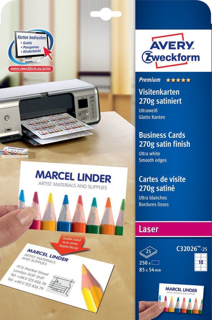 250 AVERY Zweckform Visitenkarten C32026-25 satiniert weiss 270 g/qm