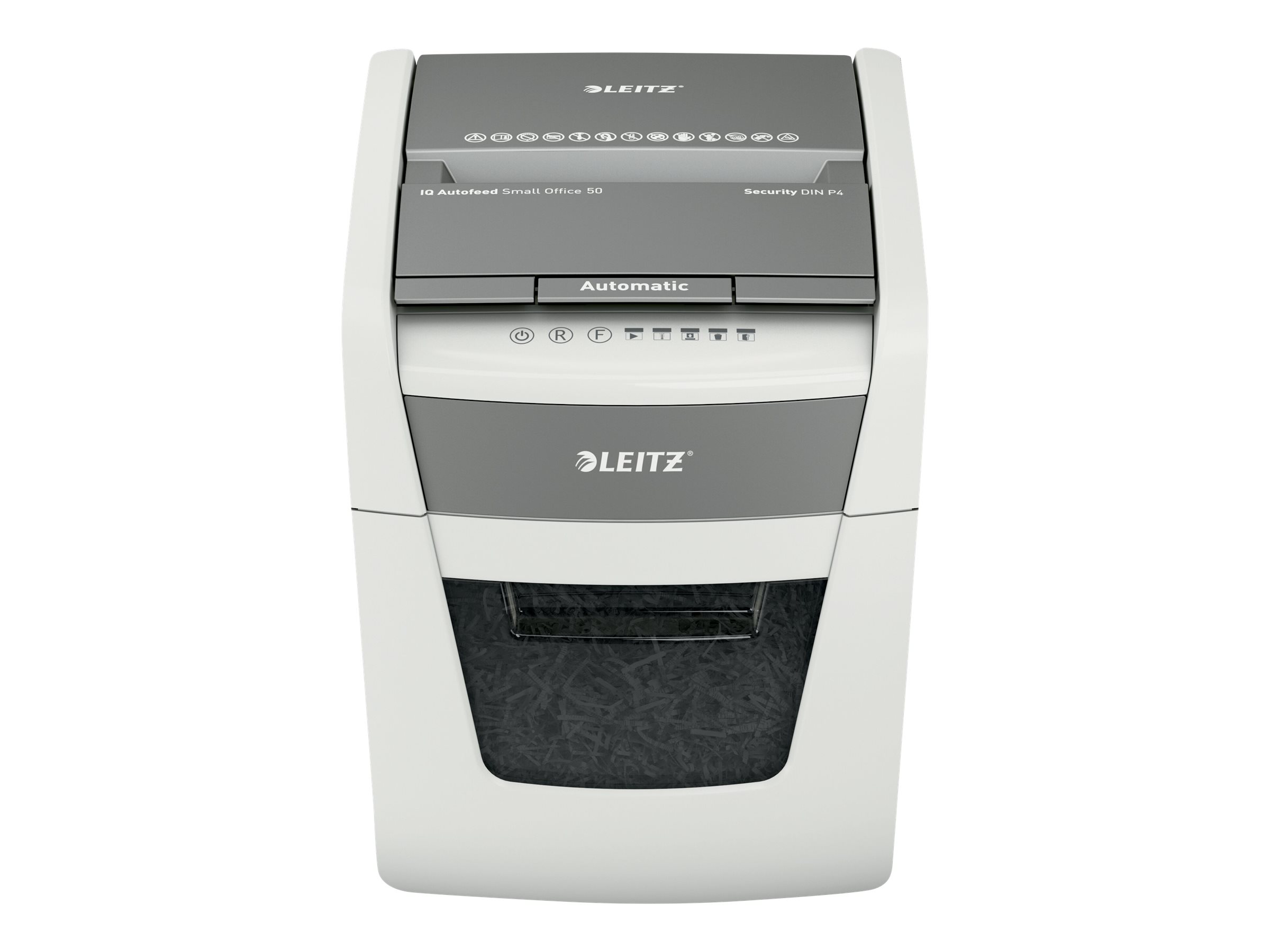 LEITZ IQ Autofeed Small Office 50 Aktenvernichter mit Partikelschnitt P-4, 4 x 28 mm, bis 50 Blatt, weiss