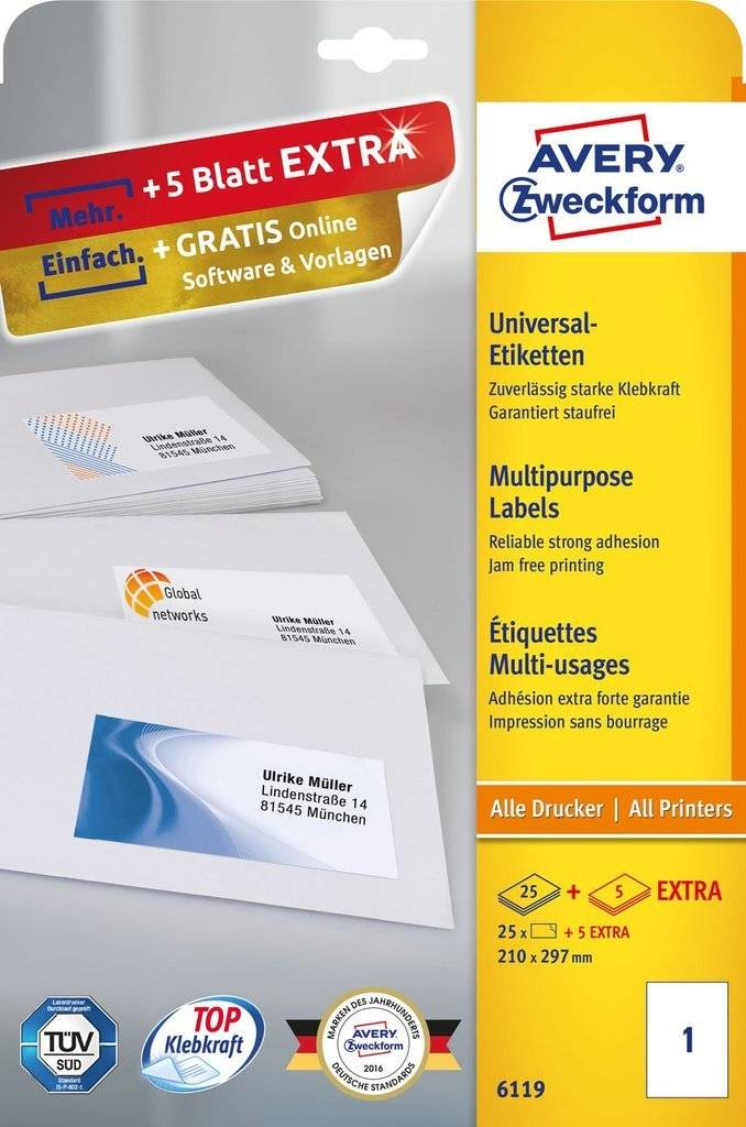 30 AVERY Zweckform Etiketten 6119 weiss 210,0 x 297,0 mm