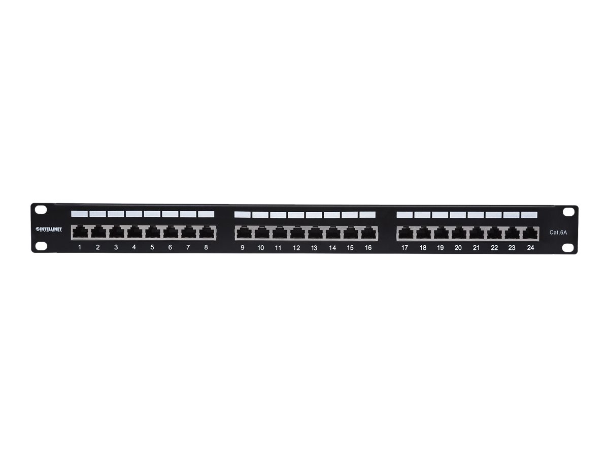 INTELLINET 24-Port Cat6a Patchpanel geschirmt 24 Ports FTP 1 HE Klemmleisten mit 90 Grad abgewinkelten Kabeleinfuehrungen schwarz INTELLINET 24-Port Cat6a Patchpanel geschirmt 24 Ports FTP 1 HE Klemmleisten mit 90 Grad abgewinkelten Kabeleinfuehrungen schwarz