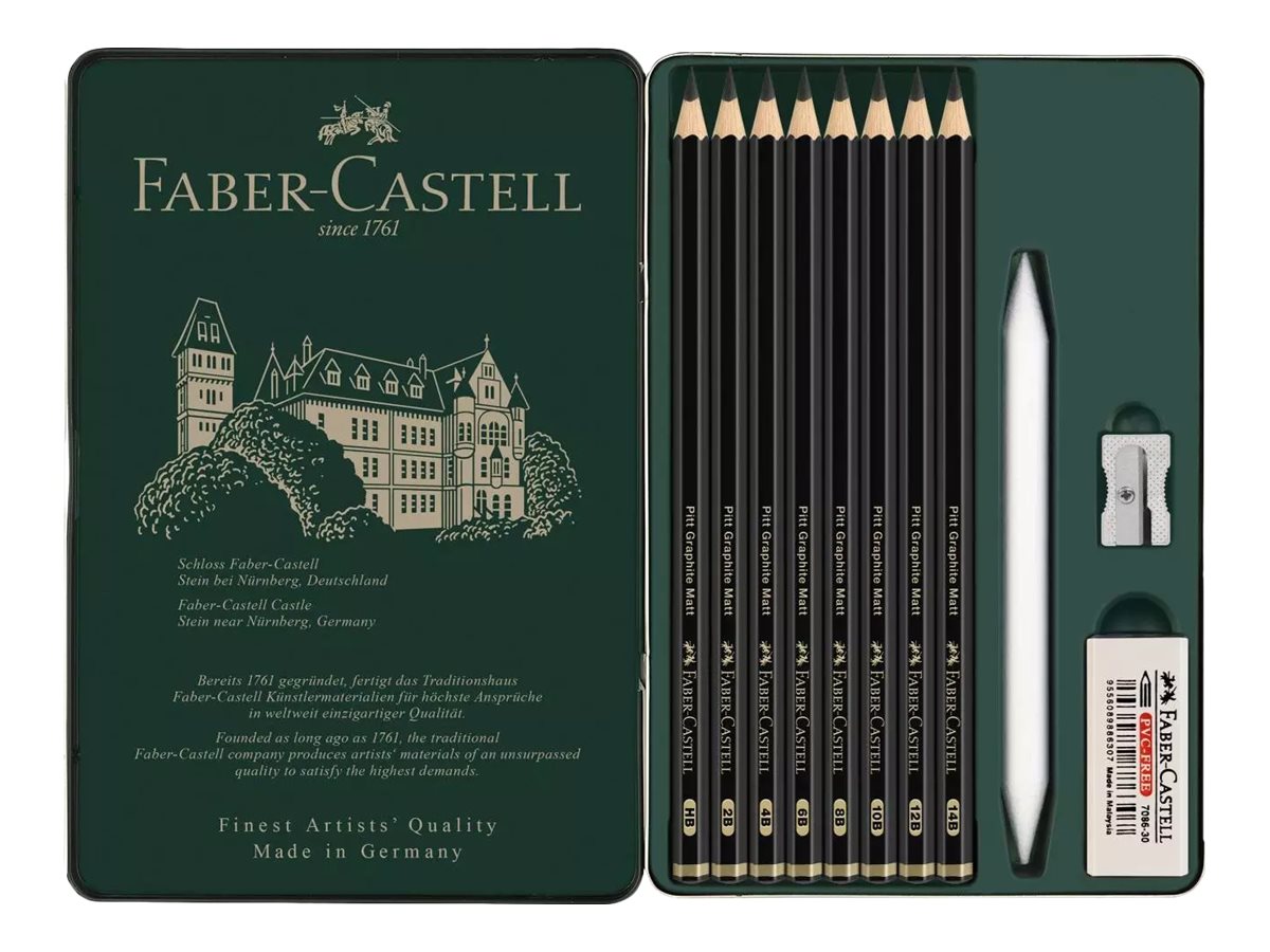FABER-CASTELL Pitt Graphite Matt Graphitstifte HB, 2B, 4B, 6B, 8B, 10B, 12B, 14B schwarz mit Radierer, 1 Set FABER-CASTELL Pitt Graphite Matt Graphitstifte HB, 2B, 4B, 6B, 8B, 10B, 12B, 14B schwarz mit Radierer, 1 Set