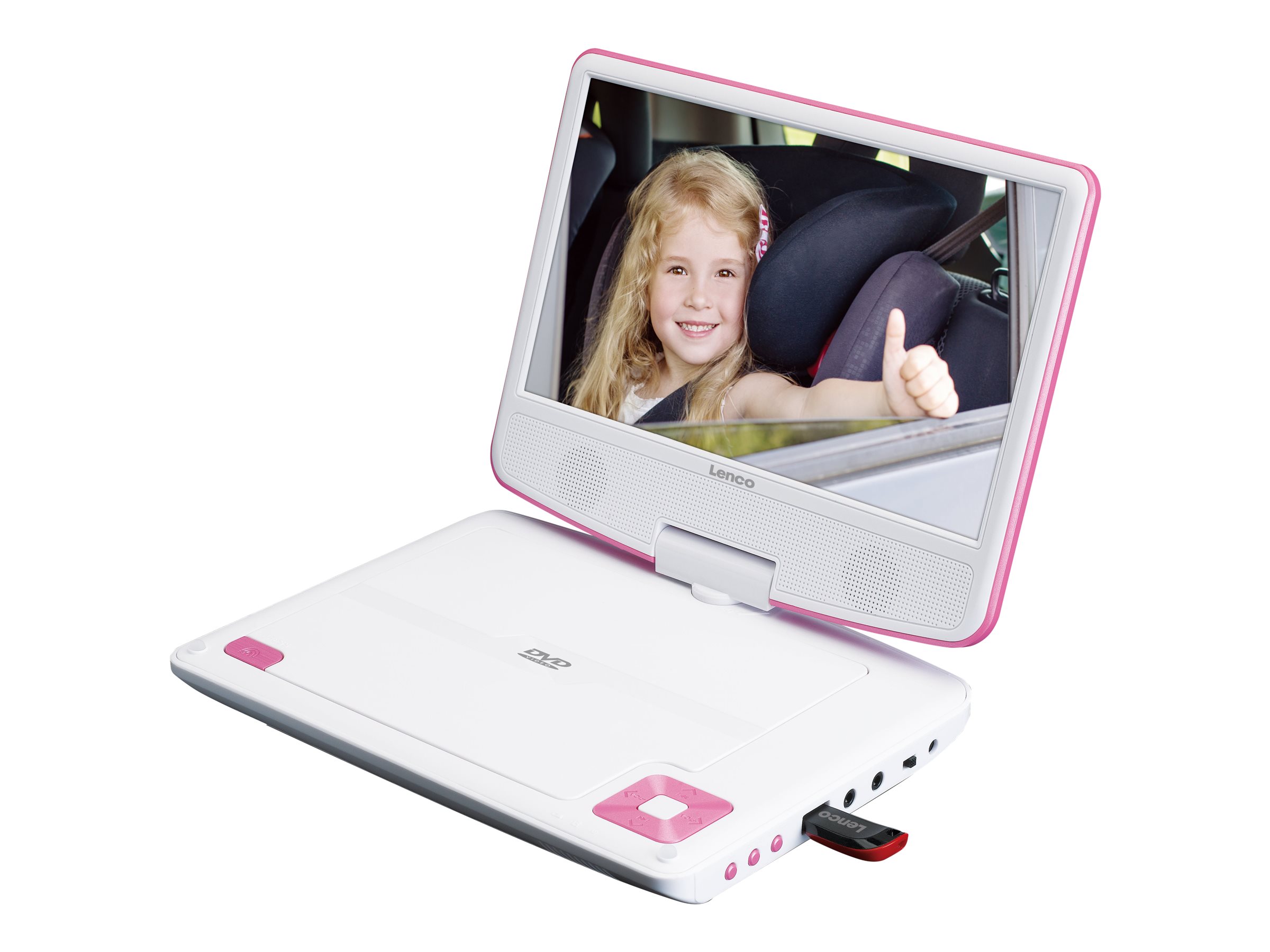 LENCO DVP-910 9 DVD-Player + USB & KfZ-Halterung, pink/weiß