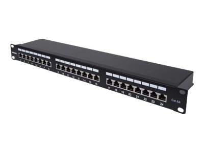 INTELLINET 24-Port Cat6a Patchpanel geschirmt 24 Ports FTP 1 HE Klemmleisten mit 90 Grad abgewinkelten Kabeleinfuehrungen schwarz INTELLINET 24-Port Cat6a Patchpanel geschirmt 24 Ports FTP 1 HE Klemmleisten mit 90 Grad abgewinkelten Kabeleinfuehrungen schwarz