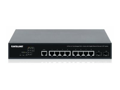 INTELLINET 10-Port L2+ Fully Managed PoE++ Switch mit 8 Gigabit-Ports und 2 SFP-Uplinks 242 W PoE-Leistungsbudget 19Z Montagewinkel