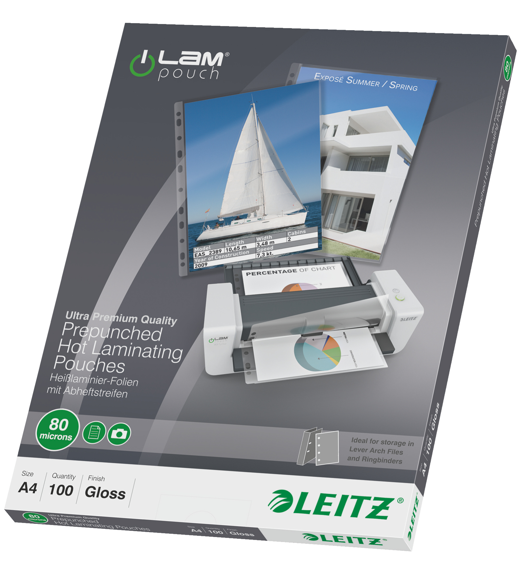Esselte Leitz Laminierfolie glänzend A4 Universal‑Lochung 100 St