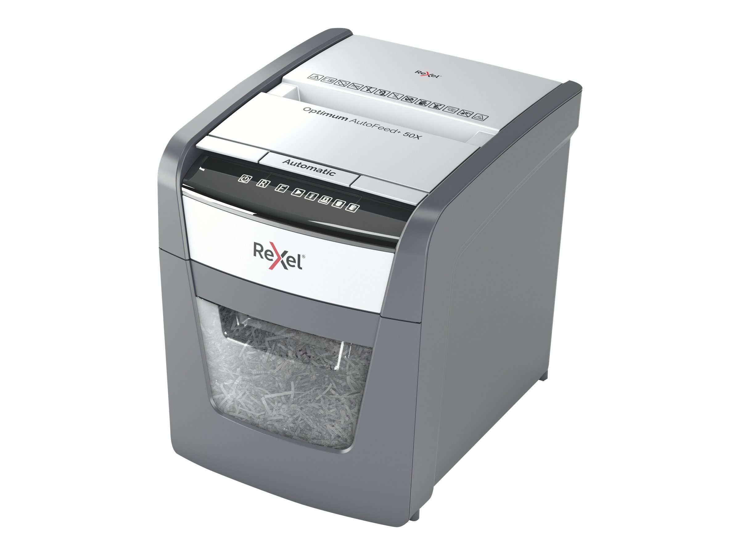 Rexel Optimum AutoFeed+ 50X Aktenvernichter mit Partikelschnitt P-4, 4 x 28 mm, bis 50 Blatt, schwarz