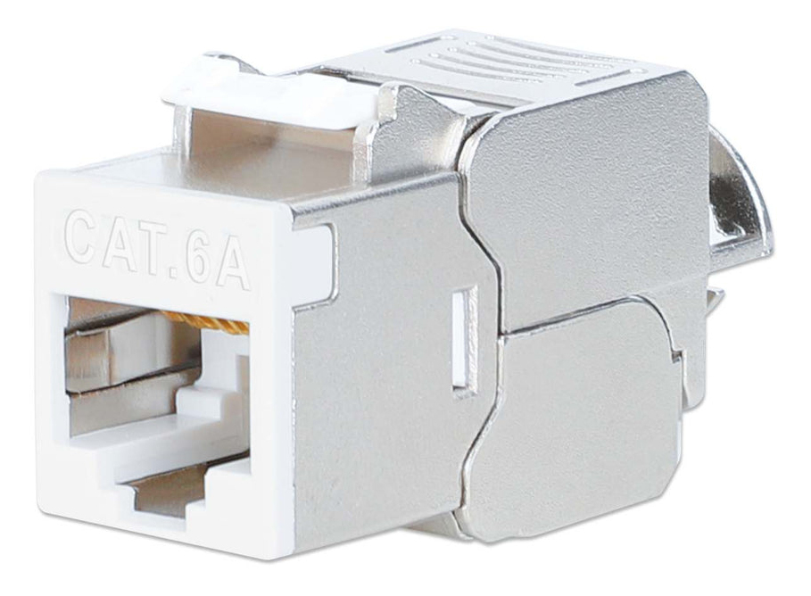 INTELLINET Cat6a 10G Slimline KeystoneModul STP werkzeuglos mit Rastclip fuer Massivdraht vergoldete Kontakte Metallgehaeuse weiss