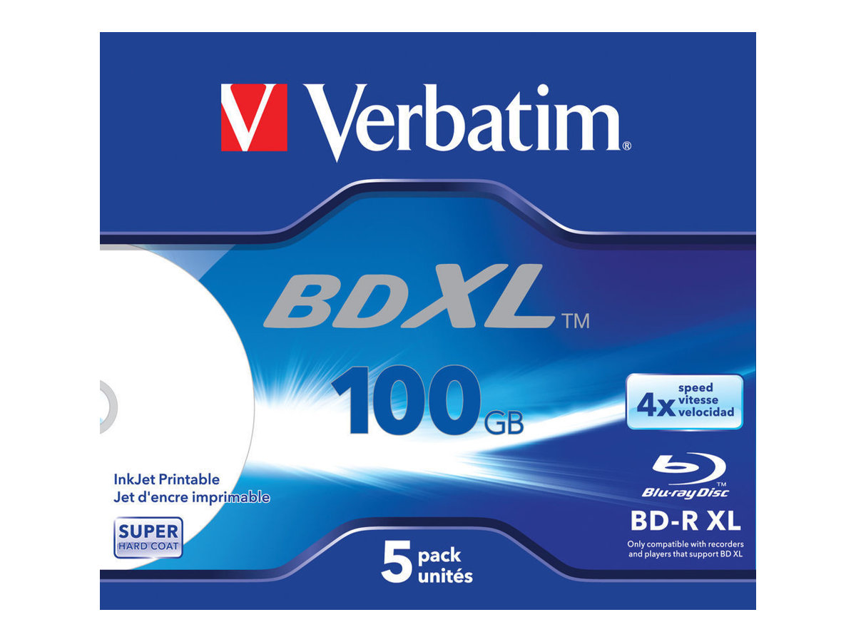 Verbatim 5 x BD-R XL - 100 GB 4x - mit Tintenstrahldrucker bedruckbare Oberfläche - Jewel Case (Schachtel)