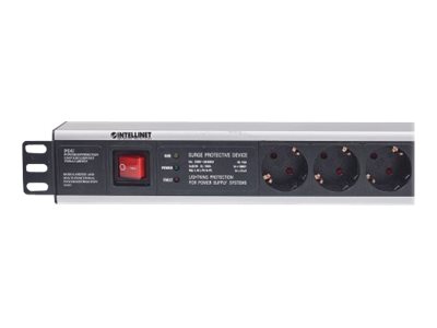 INTELLINET 48,3cm 19Zoll Steckdosenleiste 6-fach SCHUKO mit Ueberspannungsschutz 3m Stromkabel 1,5 HE