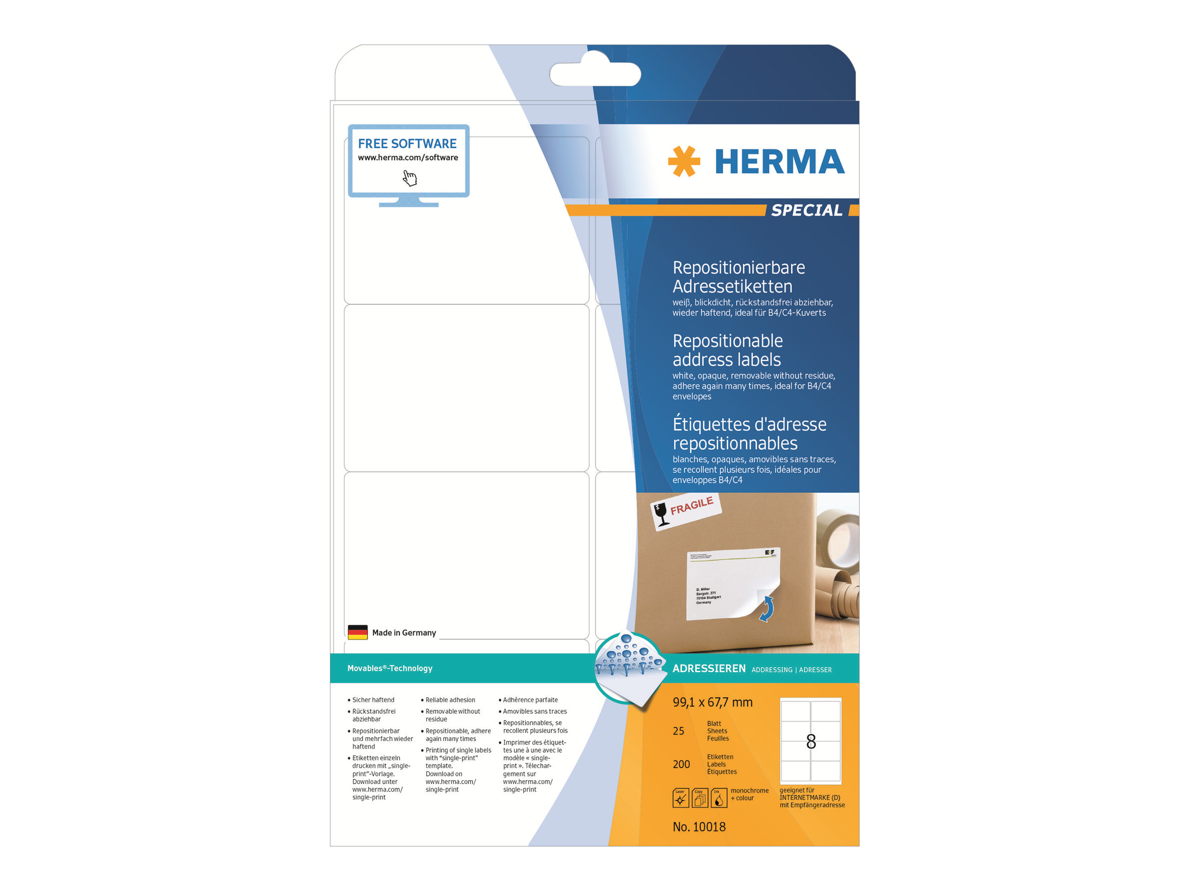 200 HERMA Adressetiketten 10018 weiss 99,1 x 67,7 mm 200 HERMA Adressetiketten 10018 weiss 99,1 x 67,7 mm