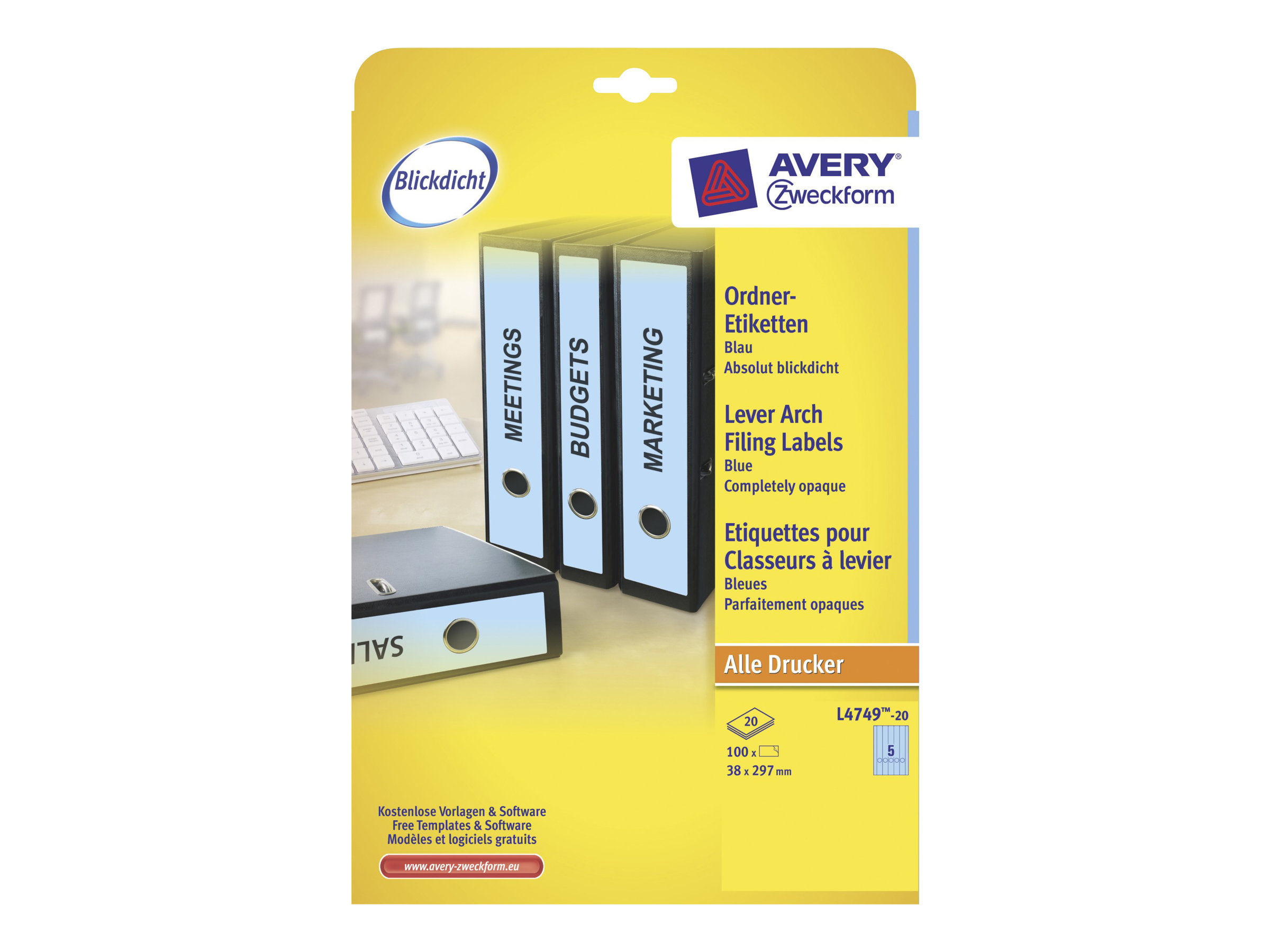 100 AVERY Zweckform Ordneretiketten L4749-20 blau