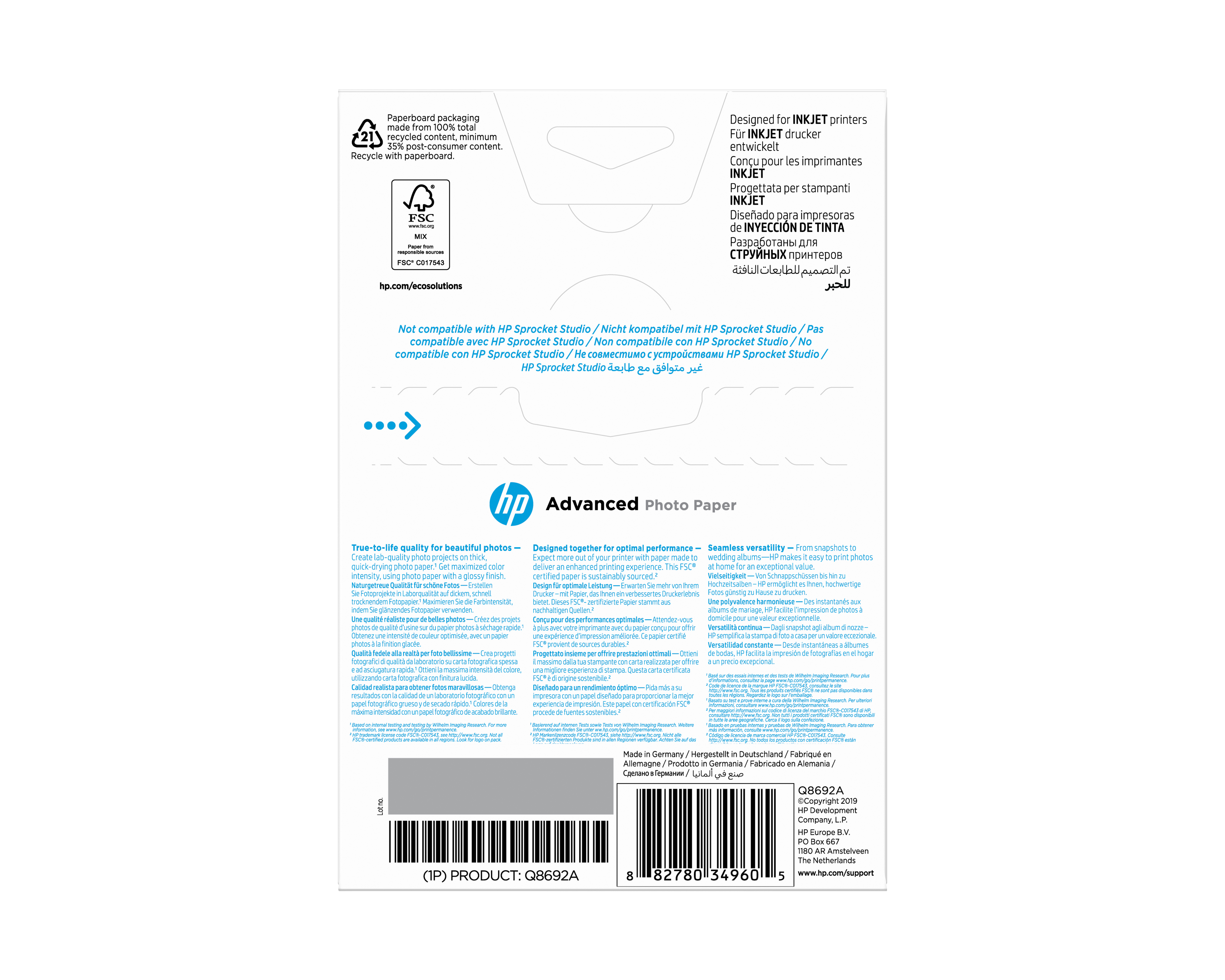 HP original Q8692A Advanced glossy photo paper Ink cartridge 250gm2 100x150mm 100 sheets 1pack borderless