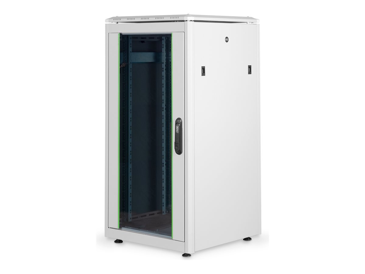 DIGITUS Netzwerkschrank 48,3cm 19Zoll 22HE H1164mmxB600mmxT600mm grau RAL 7035 mit Glastuer inkl.28xSchrauben-set bis 600KG IP40