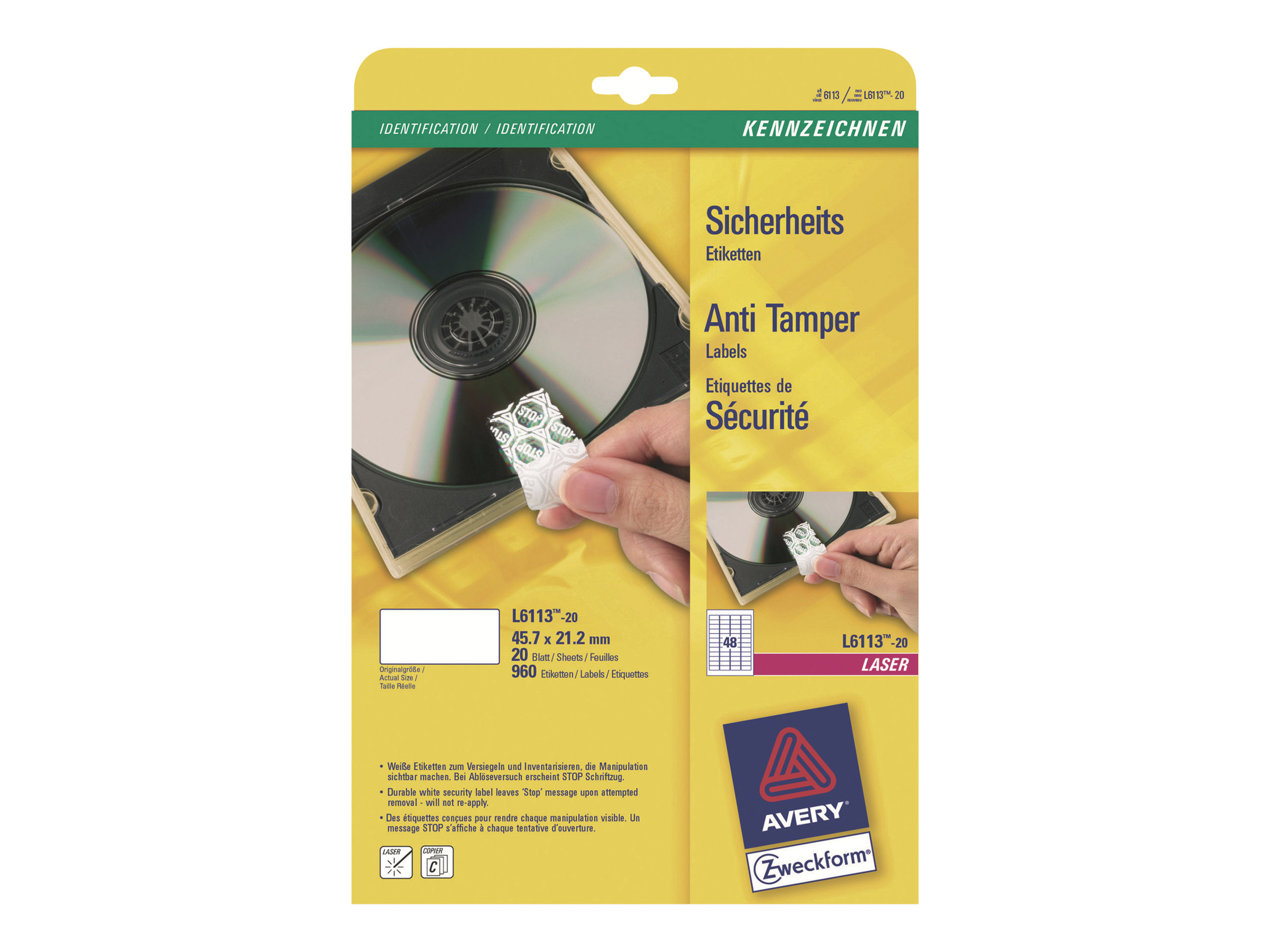 960 AVERY Zweckform Sicherheitsetiketten L6113-20 weiss 45,7 x 21,2 mm 960 AVERY Zweckform Sicherheitsetiketten L6113-20 weiss 45,7 x 21,2 mm