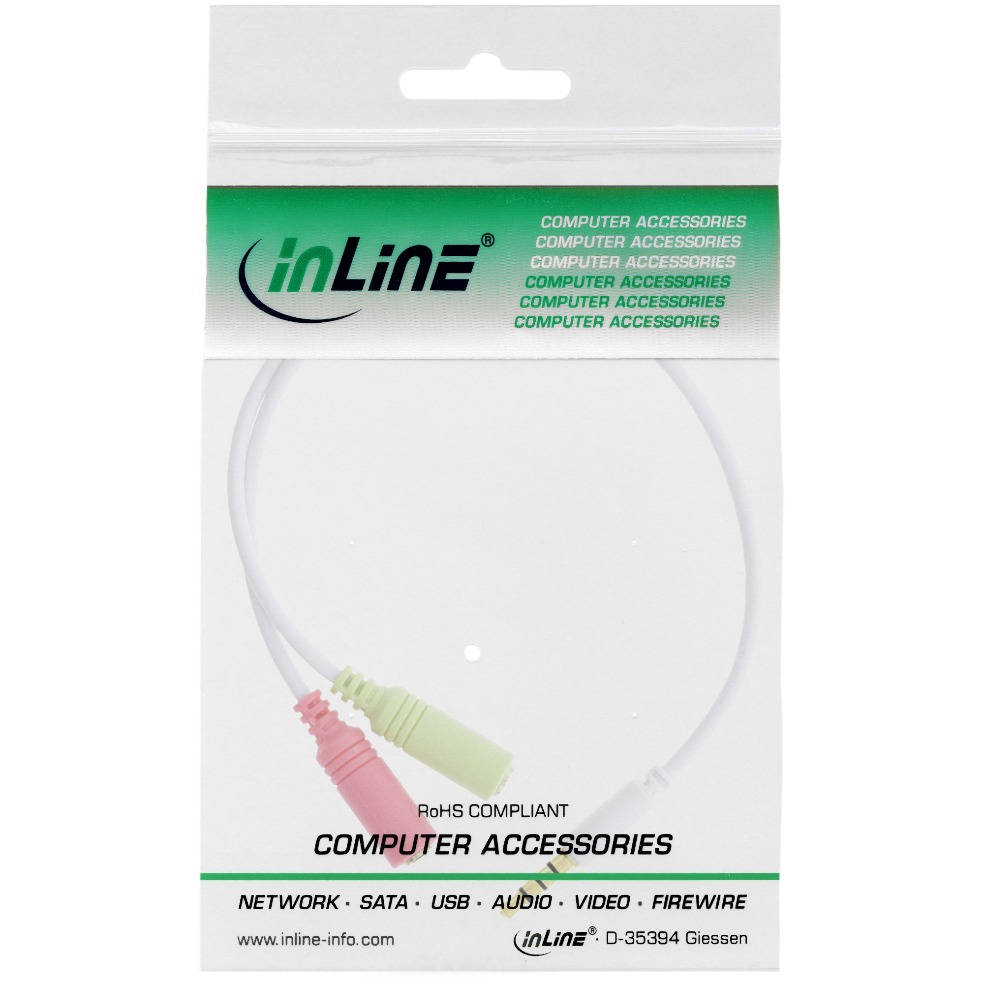 INLINE Audio Headset Adapterkabel 3.5mm Klinke Stecker 4pol. an 2x 3.5mm Klinke Buchse weiss 0.15m