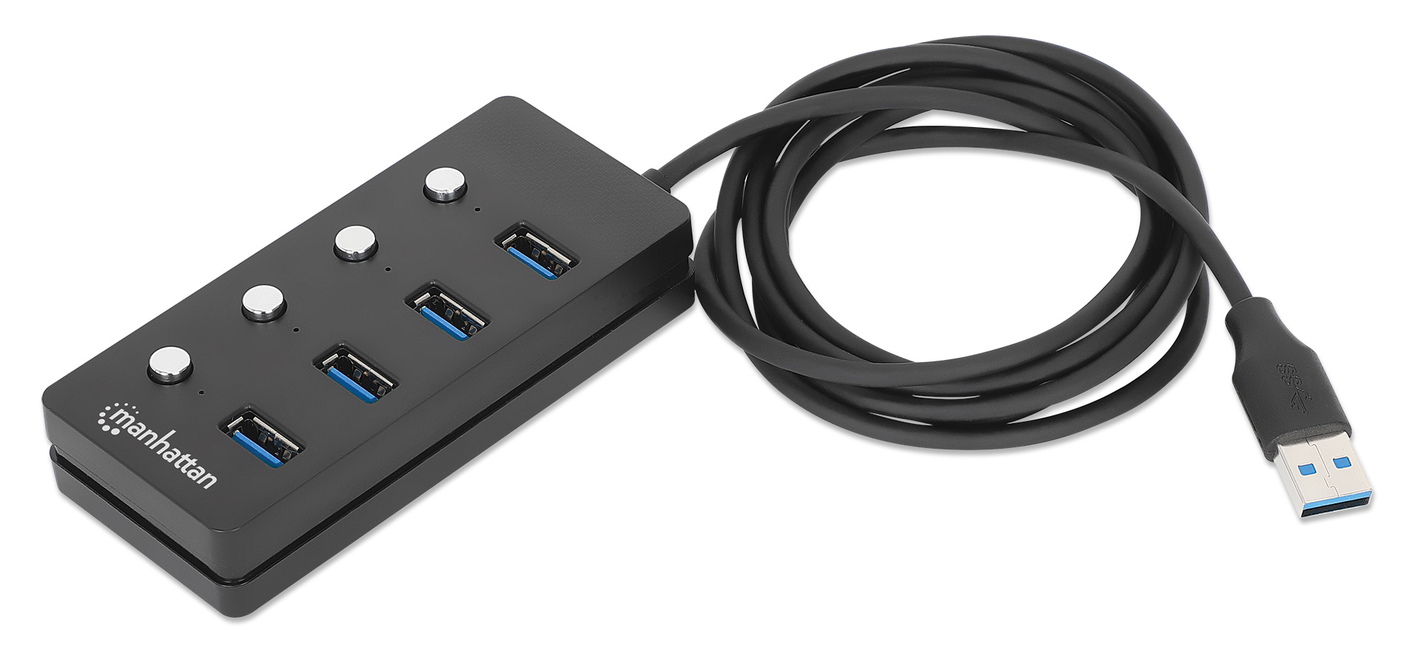 MANHATTAN 4Port USB 30 Hub USBAStecker auf 4x USBABuchsen 5 Gbits 1,5 m Kabel Schalter fuer jeden Port Strom ueber USBNetzteil