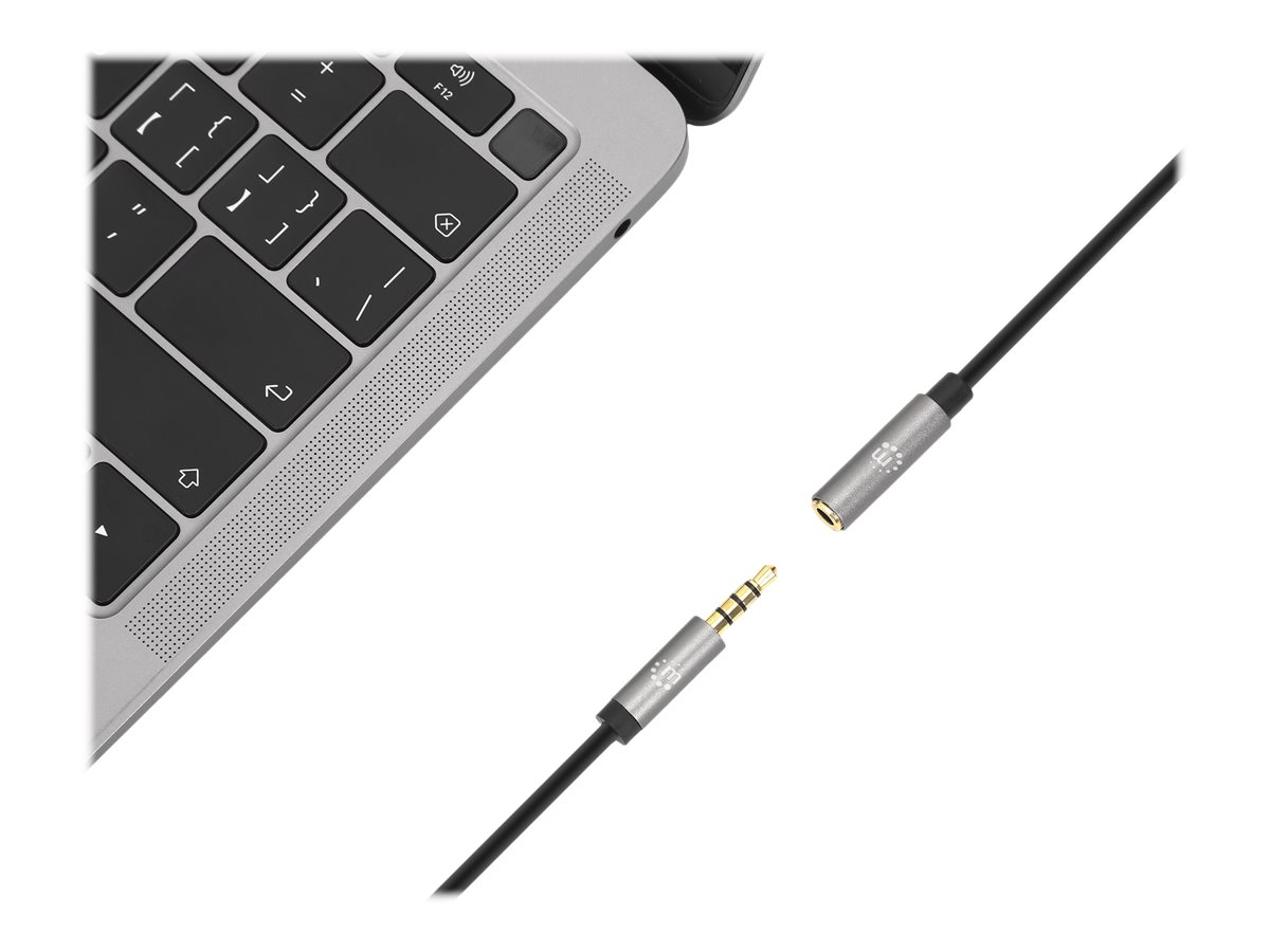MANHATTAN Audio-Verlängerungskabel Aux 3,5mm Klinke Stecker auf Buchse 3m vergoldete Kontakte Slim Design schwarz/silber