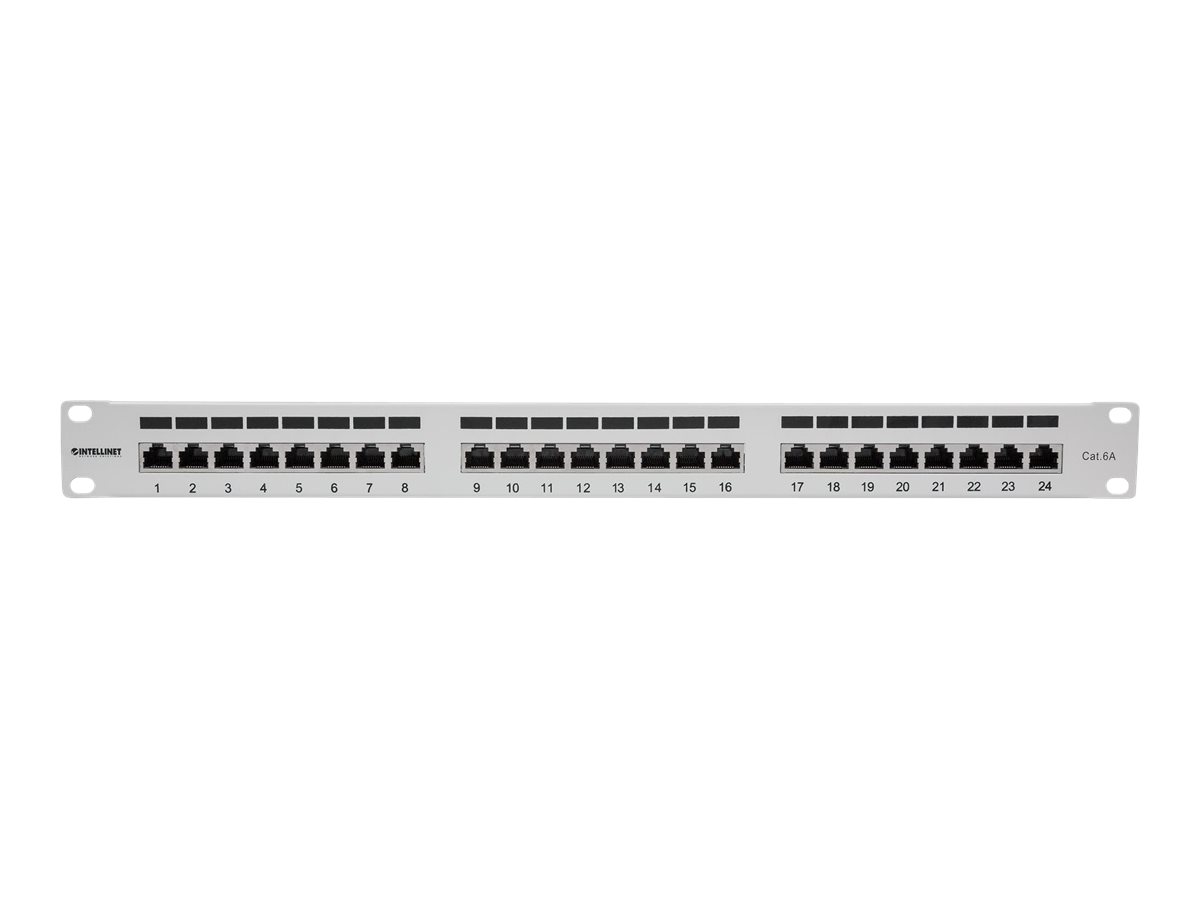 24-Port Cat6a Patchpanel geschirmt 24 Ports FTP 1 HE Klemmleisten mit 90 Grad abgewinkelten Kabeleinfuehrungen grau