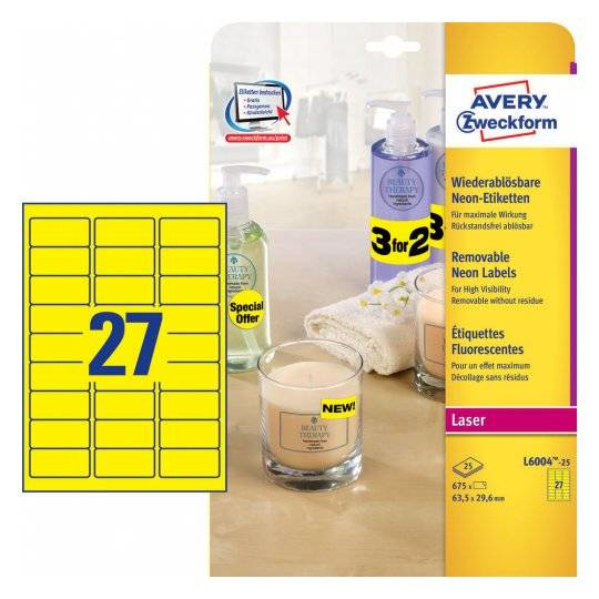 675 AVERY Zweckform Etiketten L6004-25 gelb 63,5 x 29,6 mm
