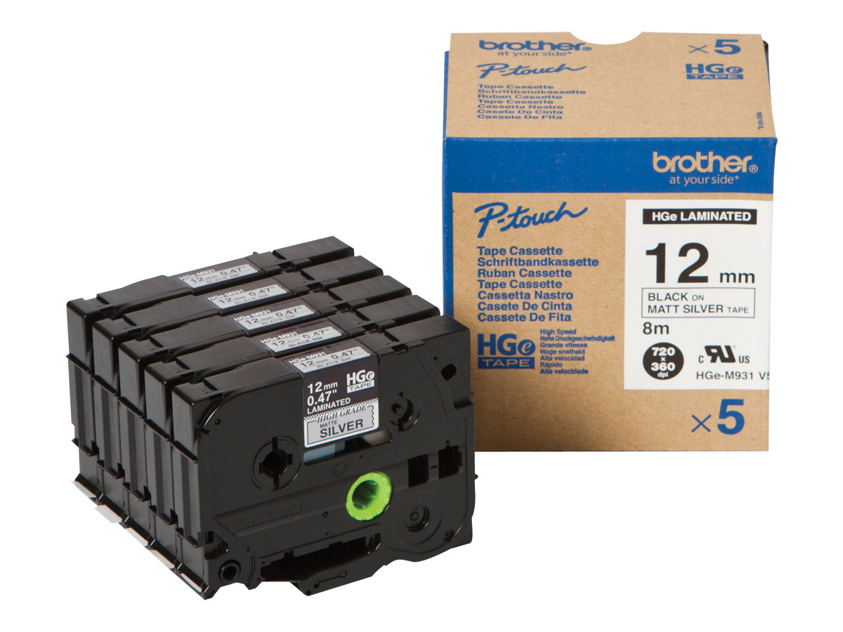 BROTHER HGEM931V5 5x tape cassette 12mmx8m silber matt black laminate for Ptouch P500PC 9700PC 9800PCN RL700S PK OF 5