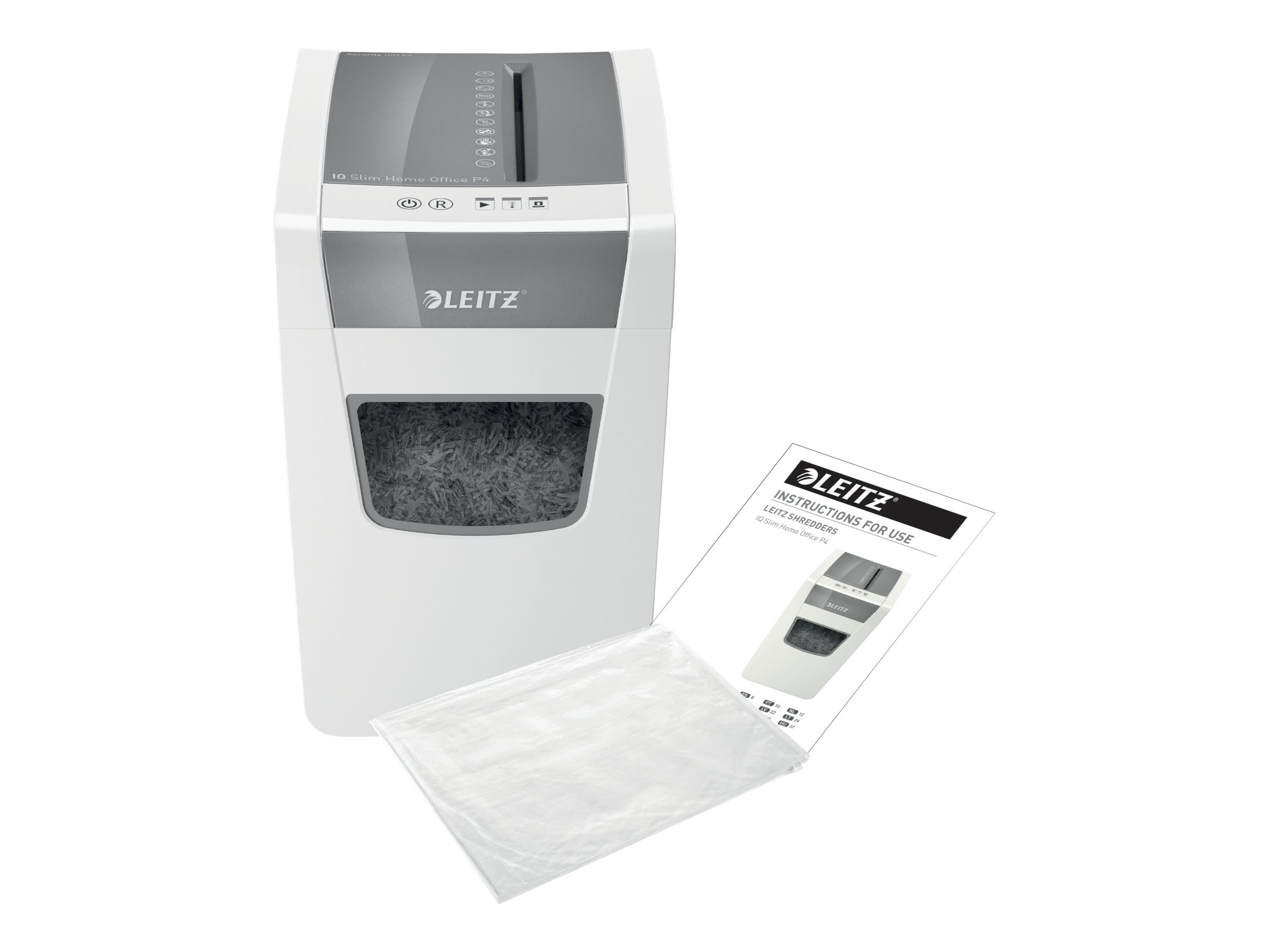 LEITZ IQ Home Office Slim Aktenvernichter mit Partikelschnitt P-4, 4 x 28 mm, bis 10 Blatt, weiss