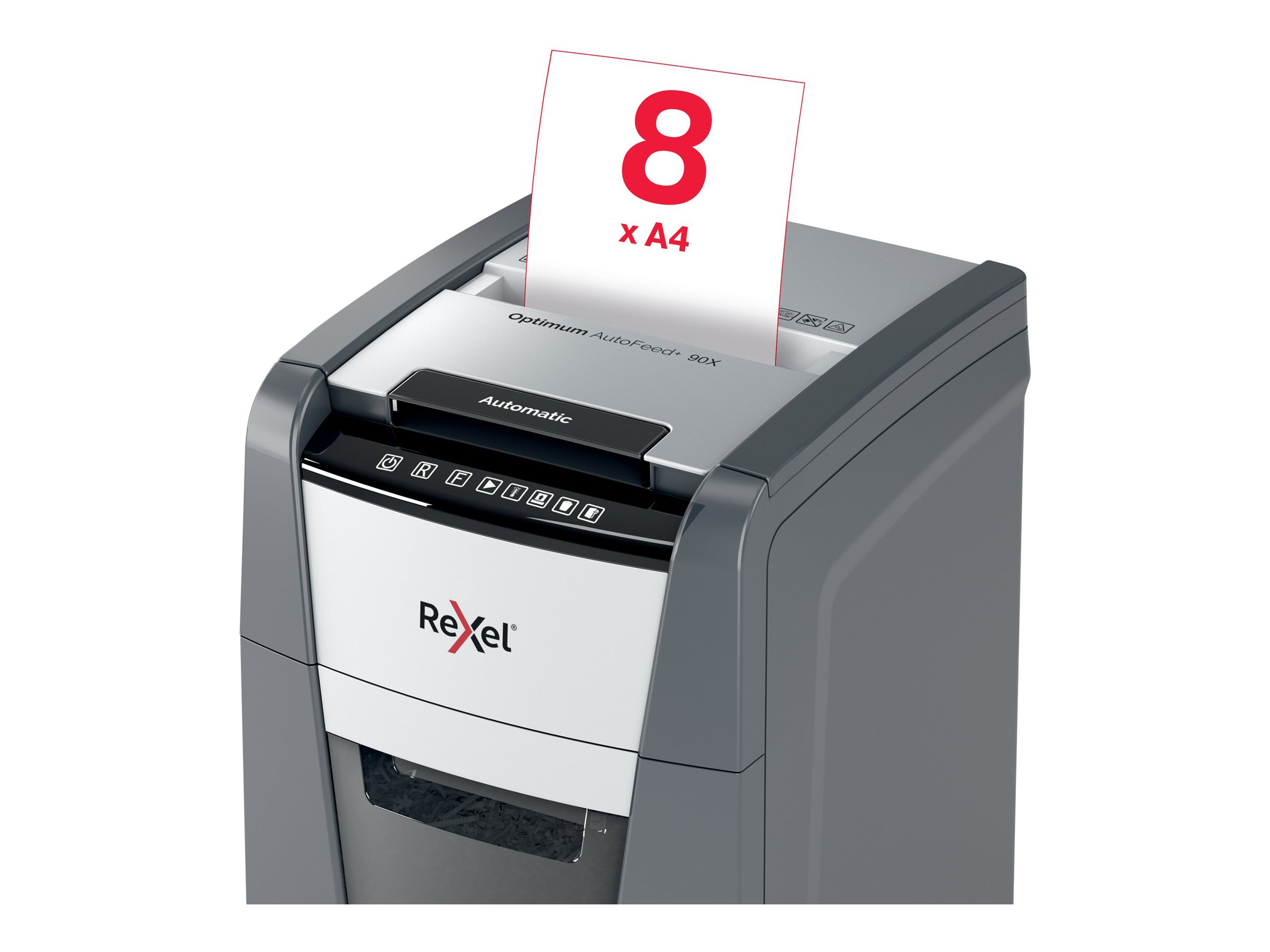 Rexel Optimum AutoFeed+ 90X Aktenvernichter mit Partikelschnitt P-4, 4 x 28 mm, bis 90 Blatt, schwarz Rexel Optimum AutoFeed+ 90X Aktenvernichter mit Partikelschnitt P-4, 4 x 28 mm, bis 90 Blatt, schwarz