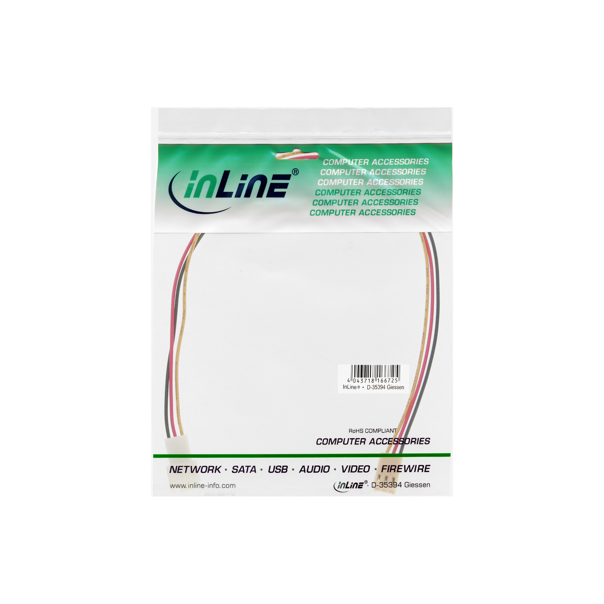 INLINE Luefterkabel Verlaengerung 3pol Molex Stecker/Buchse 0,3m