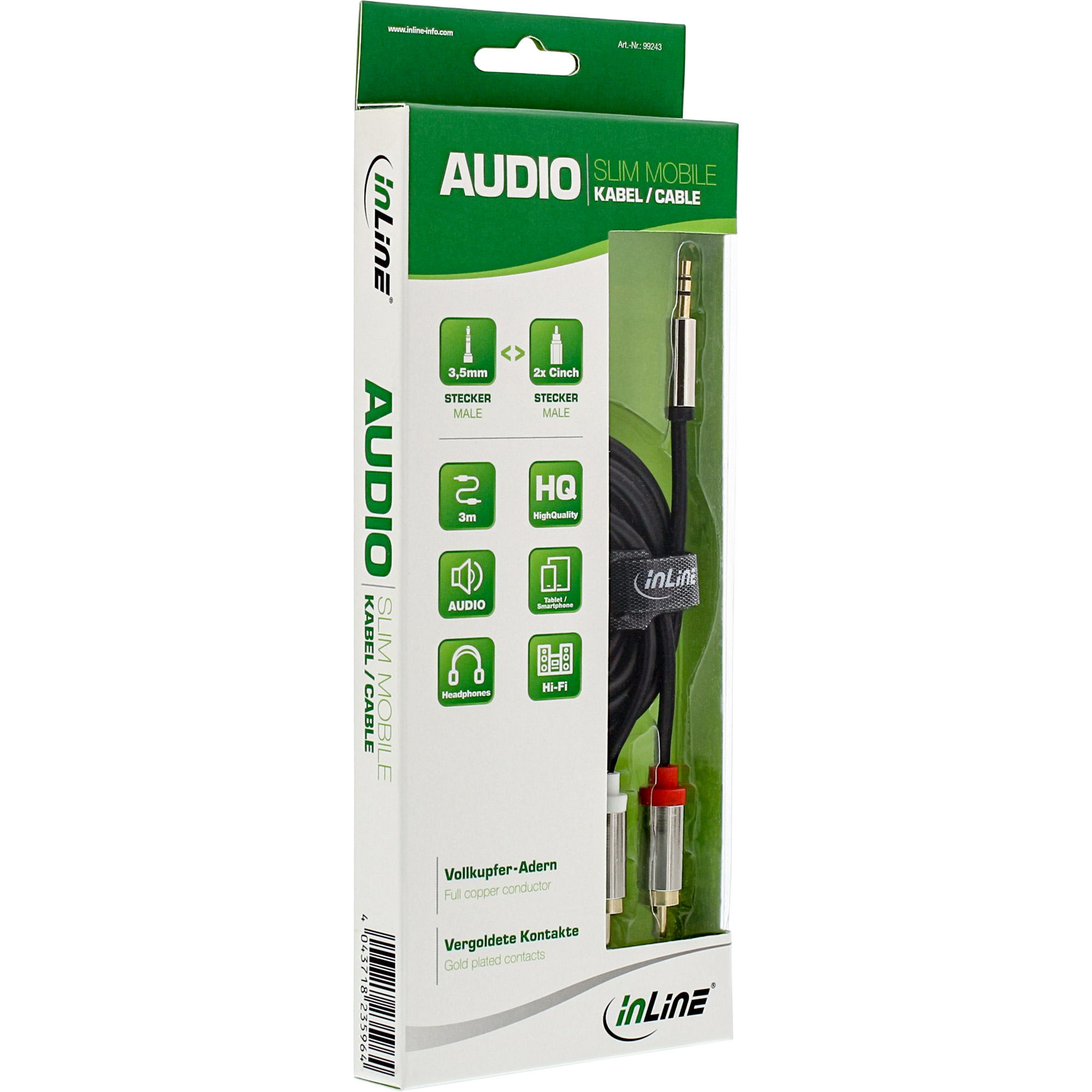 INLINE Slim Audio Cinch Klinke Kabel 3.5mm Stecker an 2x Cinch Stecker 10m