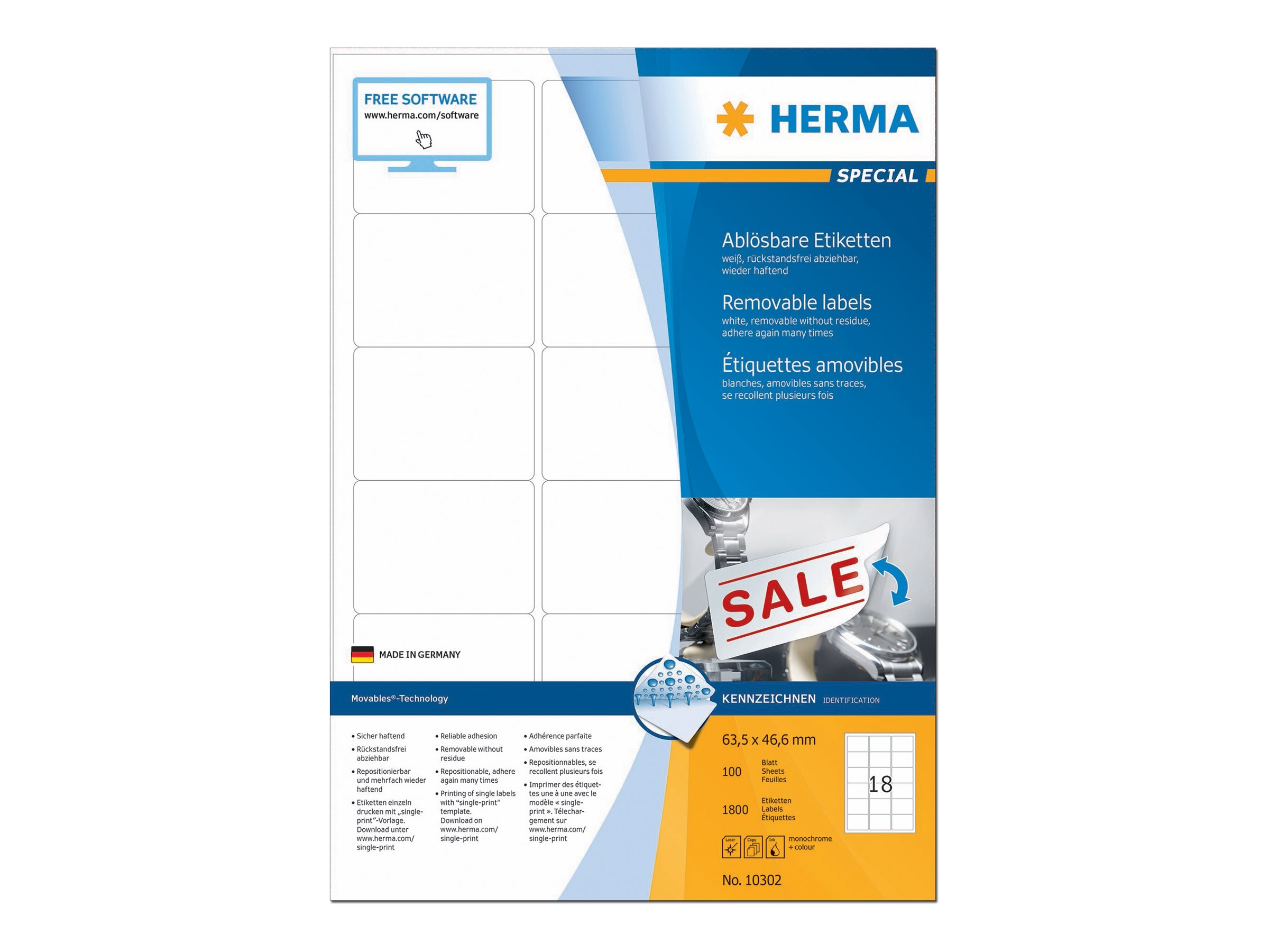1.800 HERMA Etiketten 10302 weiÃ 63,5 x 46,6 mm
