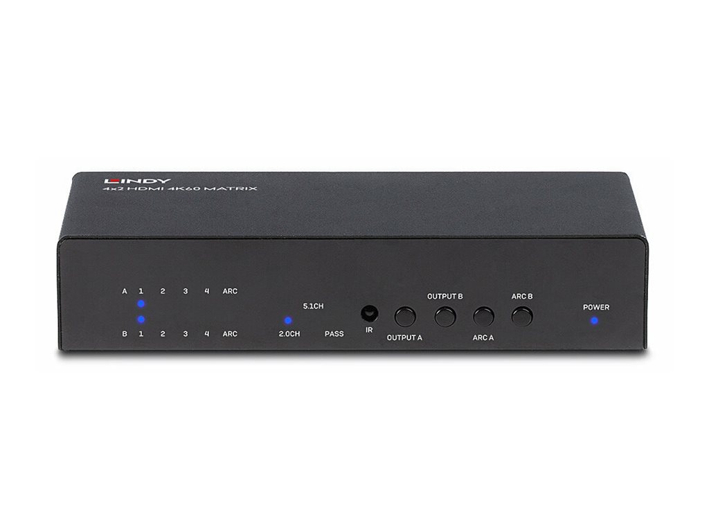 LINDY 4x2 HDMI 2.0 4K 18G Matrix Switch with Audio Extractor Optical Out or 3.5mm Jack 4K 3840x2160at60Hz 4:4:4 8bit