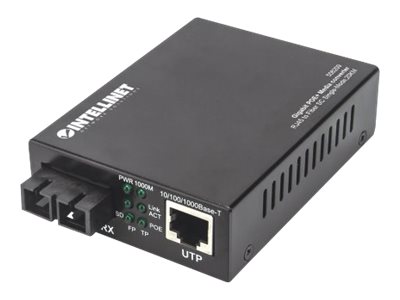 INTELLINET Gigabit PoE+ Medienkonverter 1000Base-T RJ45-Port auf 1000Base-LX SC Singlemode 20 km PoE+ Injektor