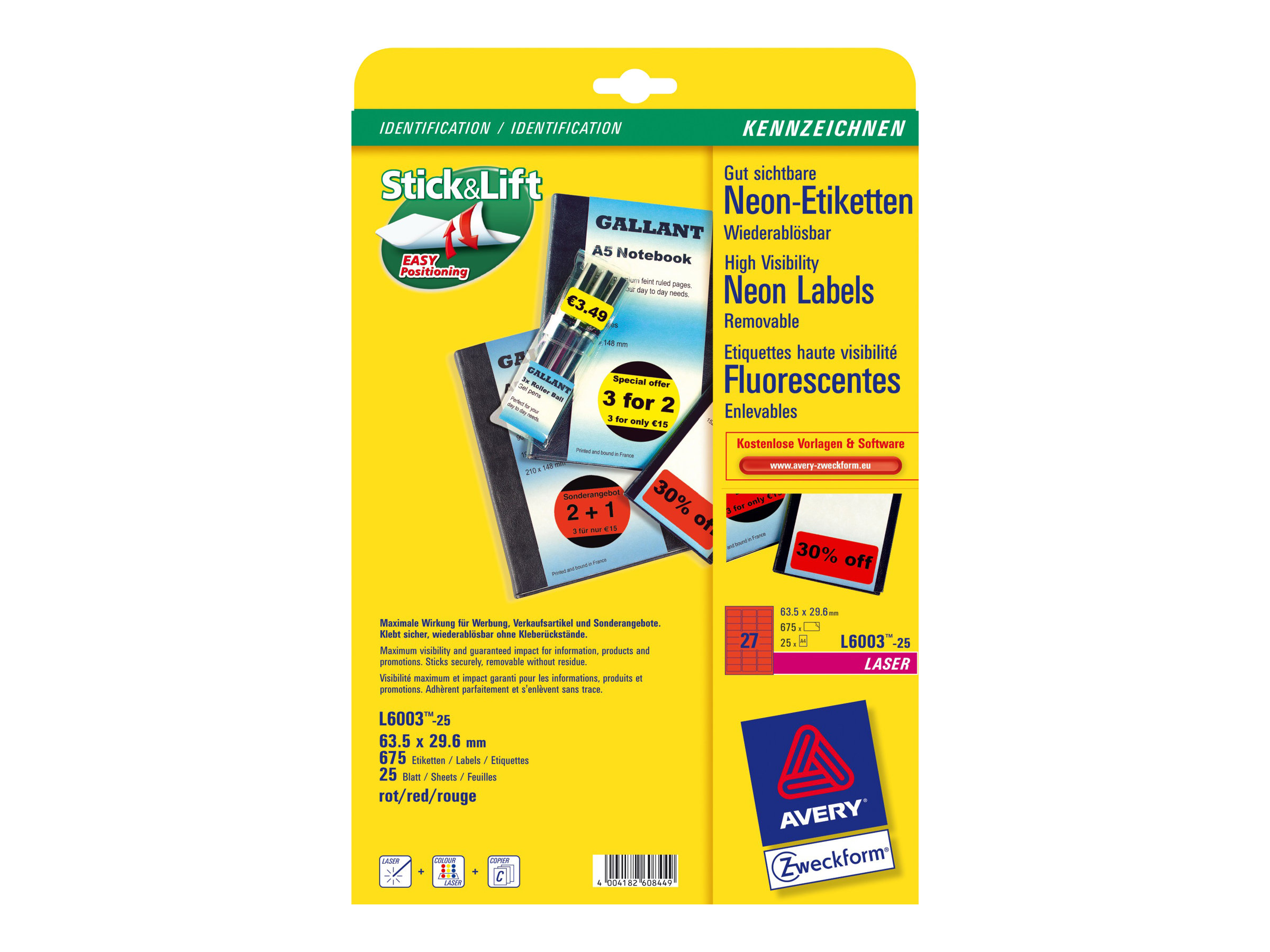 AVERY Zweckform Etiketten L600325 rot 63,5 x 29,6 mm, 25 Blatt