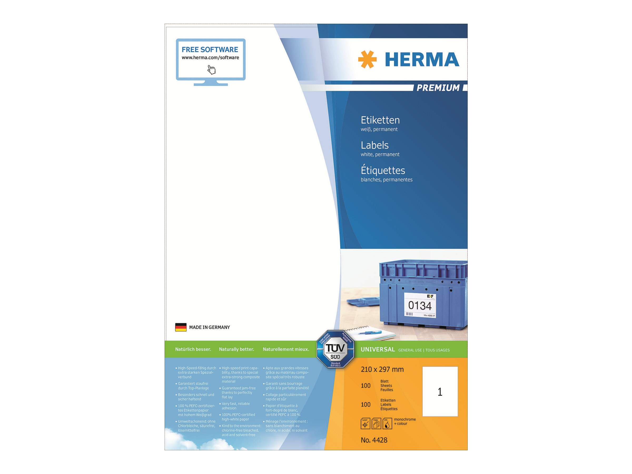 100 HERMA Etiketten 4428 weiÃ 210,0 x 297,0 mm