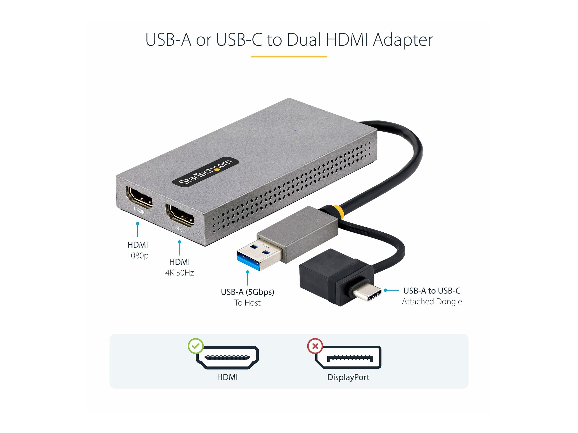 STARTECH.COM USB to Dual HDMI Adapter USB A/C to 2x HDMI Displays 1x 4K 30Hz 1x 1080p USB 3.0 to HDMI Converter 4in/11cm Cable